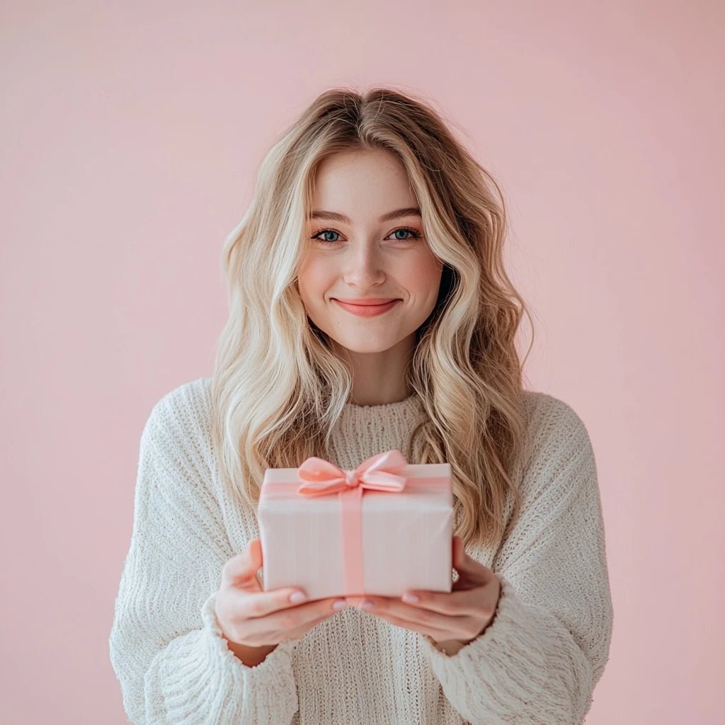 This image shows a woman opening a gift box with delight. The setting is cozy with pink and pastel colors, creating a warm and joyful atmosphere.