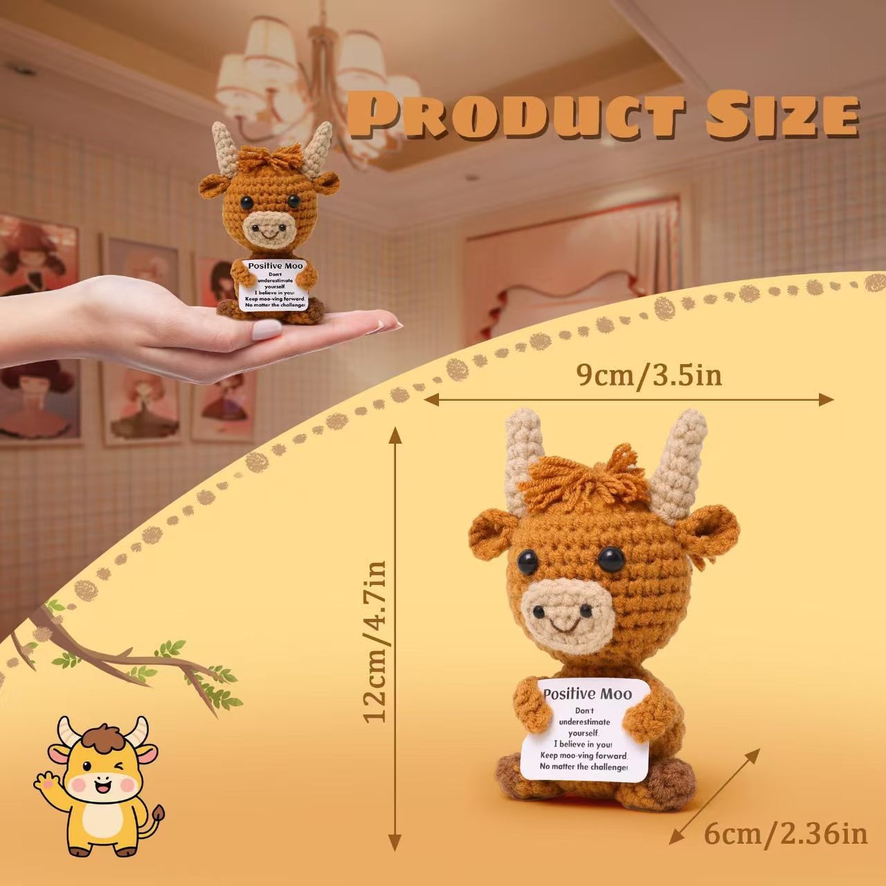 Brown Positive Moo highland cow size chart 12 cm tall