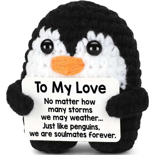 Crochet penguin plush with love message for partner – soulmate gift, handmade stuffed animal for romantic occasions