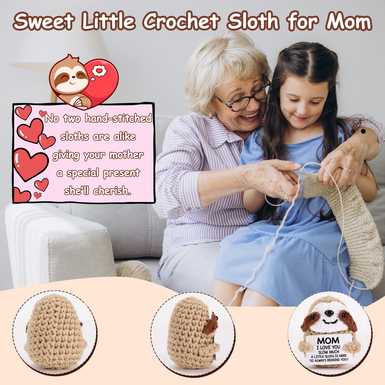 Tiny Crochet Sloth Plush – Handmade Gift with Positive Messages