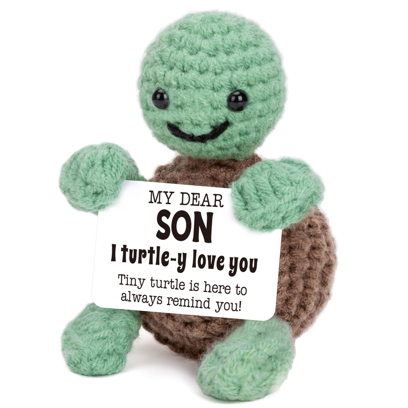 Crochet turtle plush with “I turtle-y love you” message – sweet handmade gift for son with emotional card