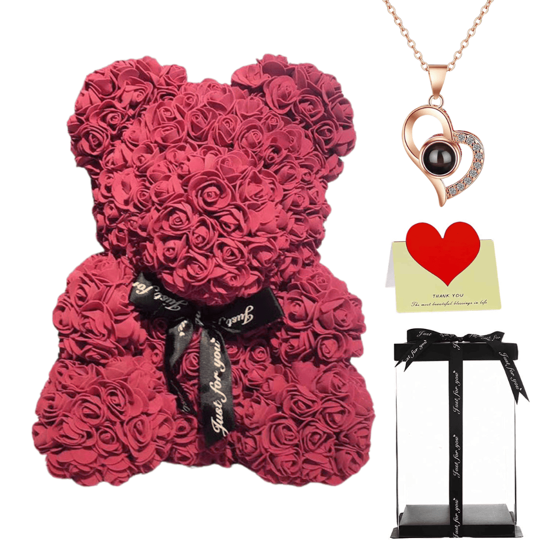 Burgundy rose teddy bear with a black ribbon, heart necklace, thank you card, and gift box, perfect gift for her