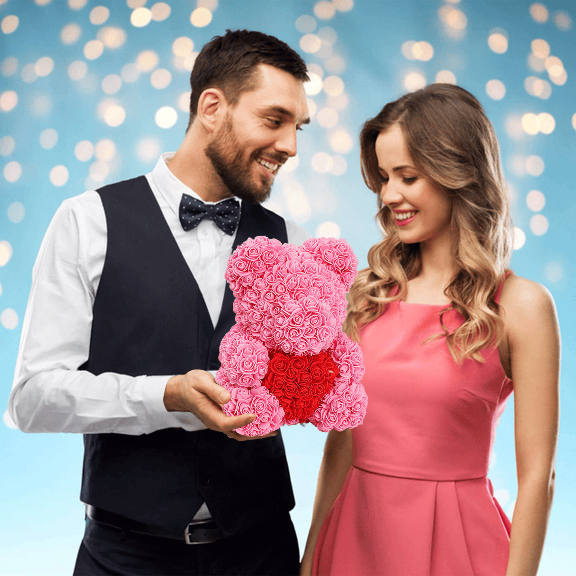 16 Zoll großer künstlicher Rosen-Teddybär mit herzförmigem Design und Geschenkbox, zum Jahrestag, Muttertag, Valentinstag, Geburtstag, romantisches Geschenk für Sie