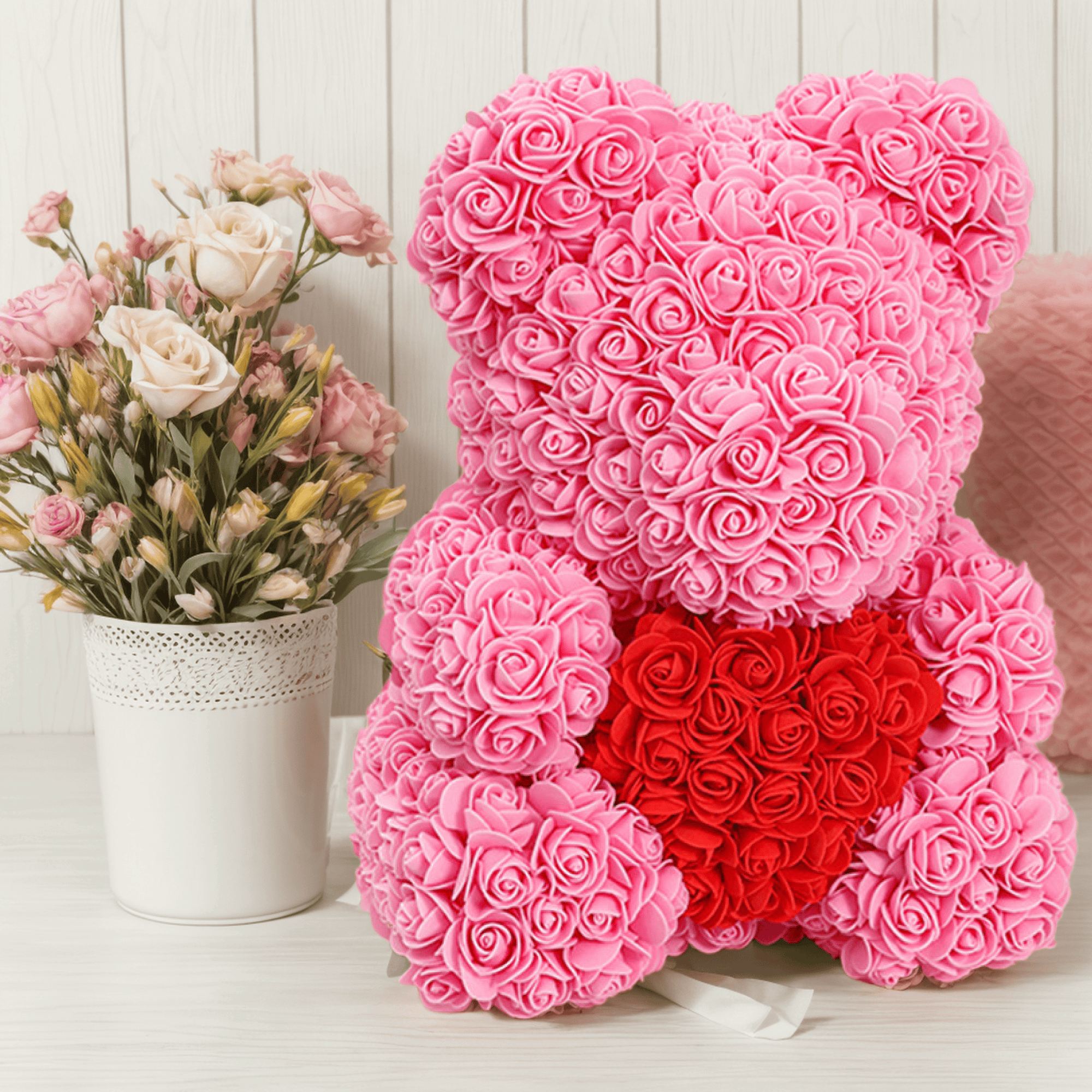 16 Zoll großer künstlicher Rosen-Teddybär mit herzförmigem Design und Geschenkbox, zum Jahrestag, Muttertag, Valentinstag, Geburtstag, romantisches Geschenk für Sie