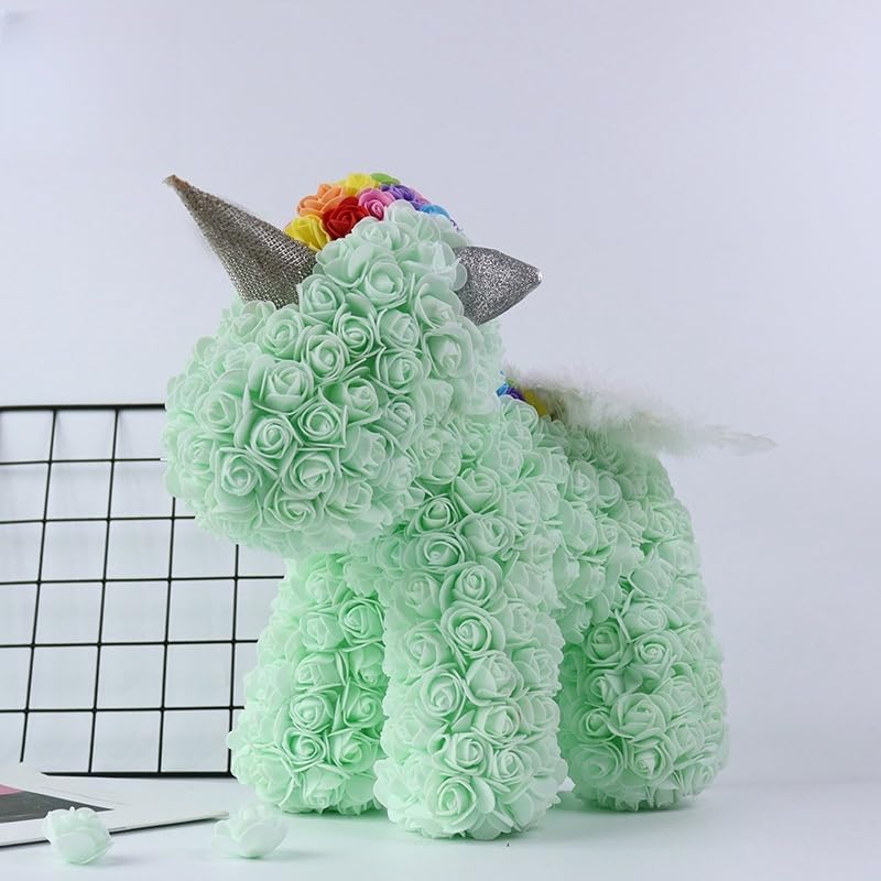 Light Green rose unicorn sculpture made with artificial flowers, perfect for home decor, gifts, and special occasions like birthdays