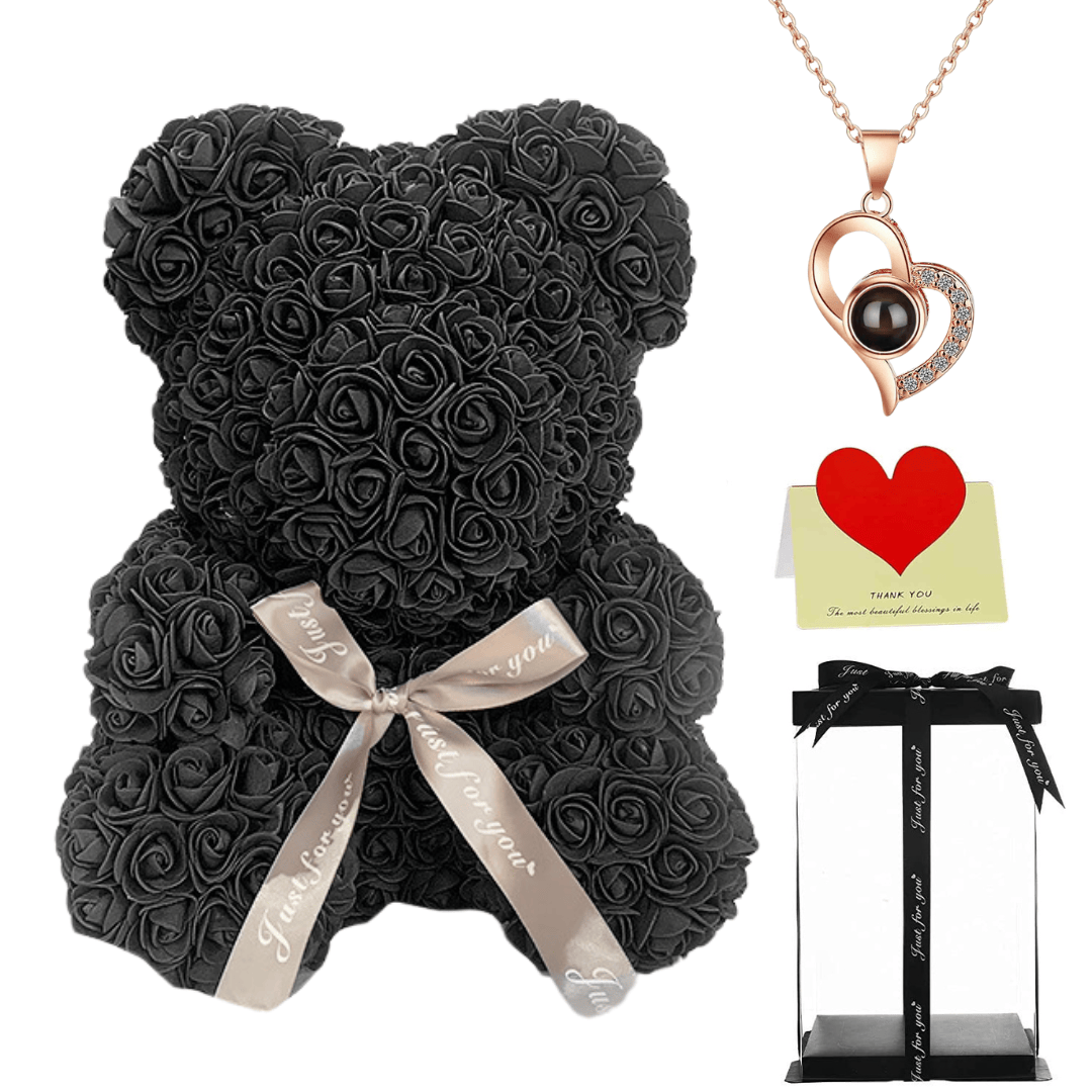 Black rose teddy bear with a black ribbon, heart necklace, thank you card, and gift box, perfect gift for her