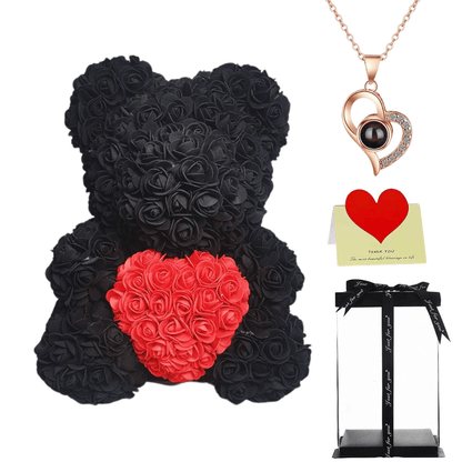 Black rose bear with necklace, perfect gift for women, girlfriends, or mothers on Valentine's Day, anniversaries, or birthdays