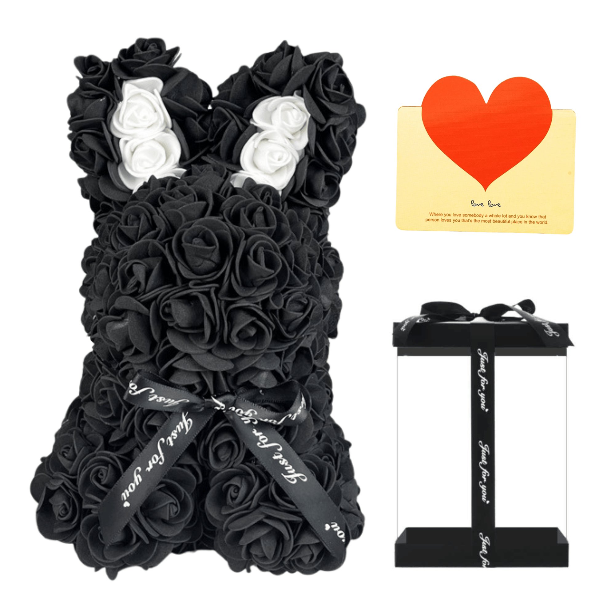 Black floral bunny with roses, white accents, ribbon, and a love card, ideal for Easter, gifting to girlfriends, wives, and for anniversaries or special occasions