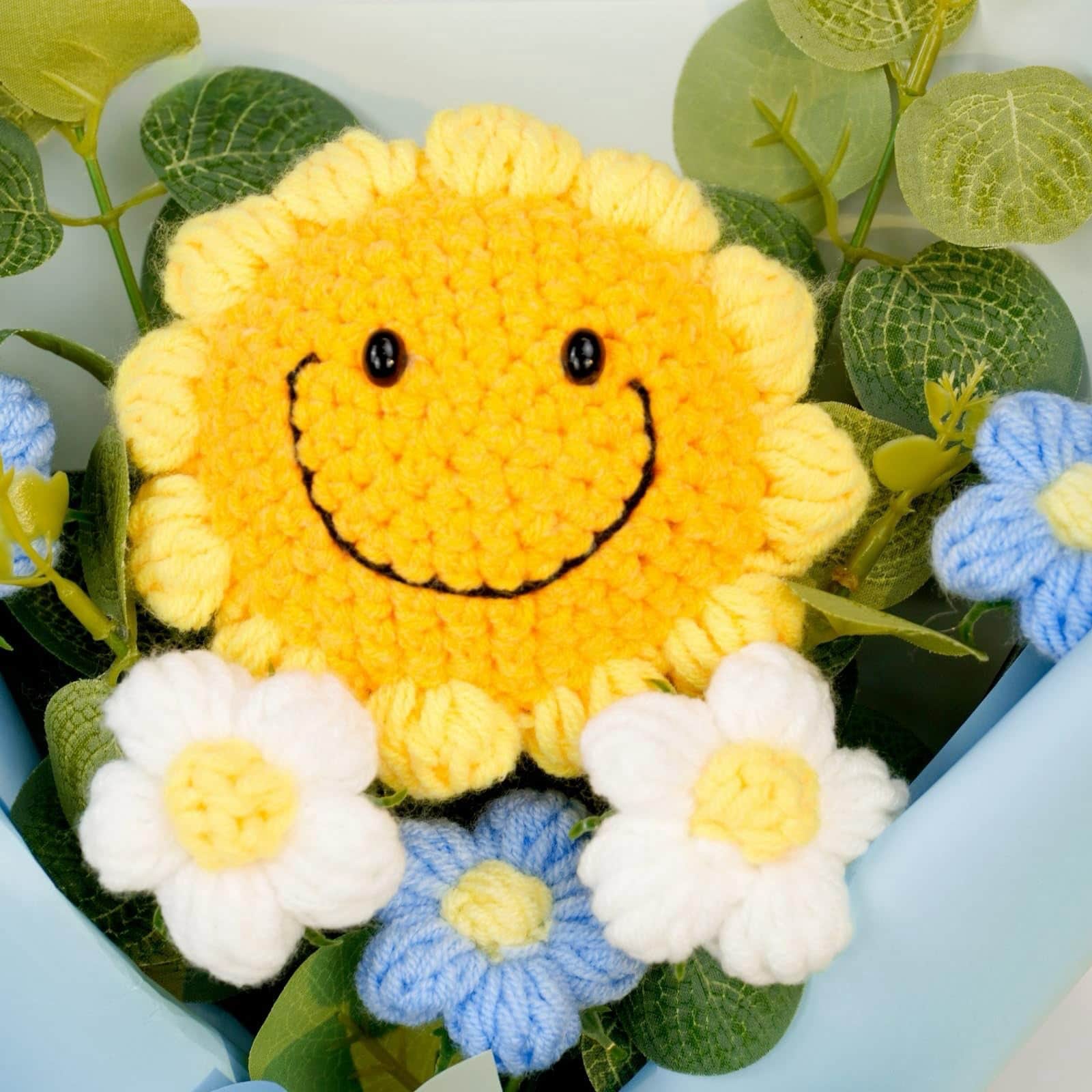 Hand-woven sunflower and rose bouquet, a delightful gift for loved ones.