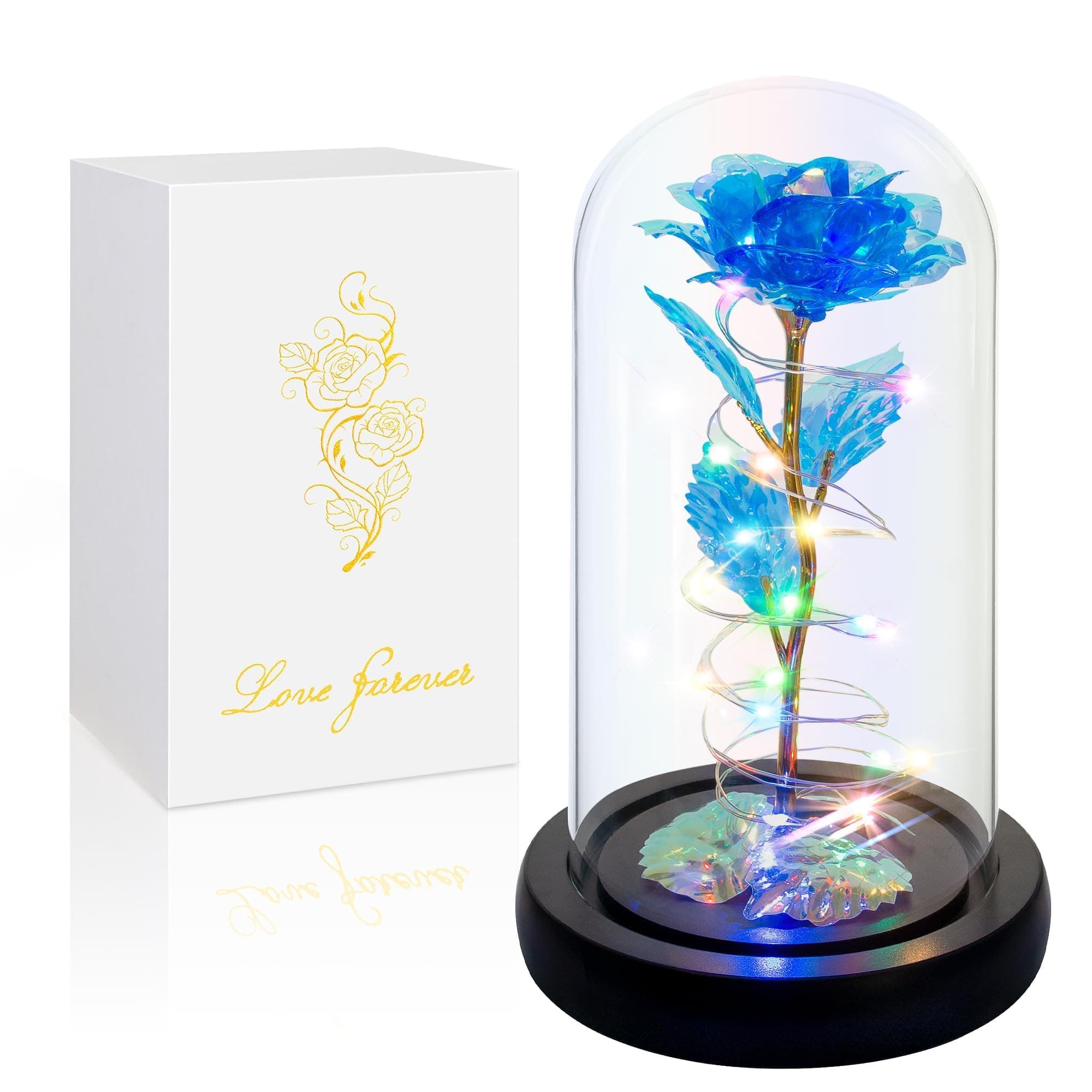 Blue enchanted rose with LED lights, encased in a glass dome, for elegant home decor.