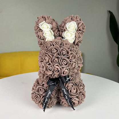 Close-up of rose bunny made from PE flowers, ideal for birthdays and weddings