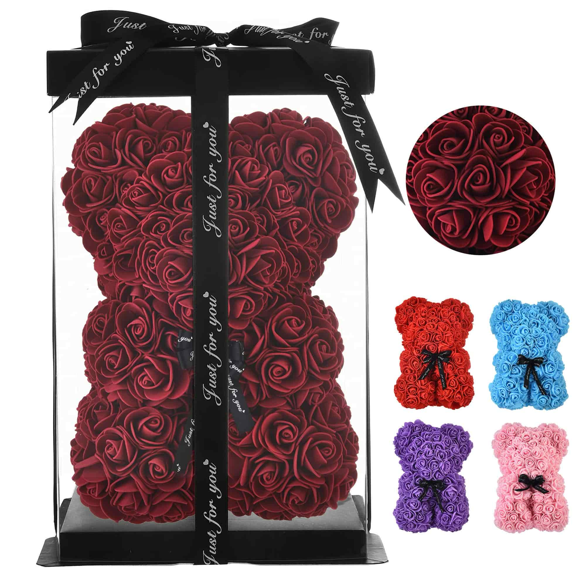 Handcrafted rose bear in an elegant gift box, a timeless and beautiful gift for any loved one.