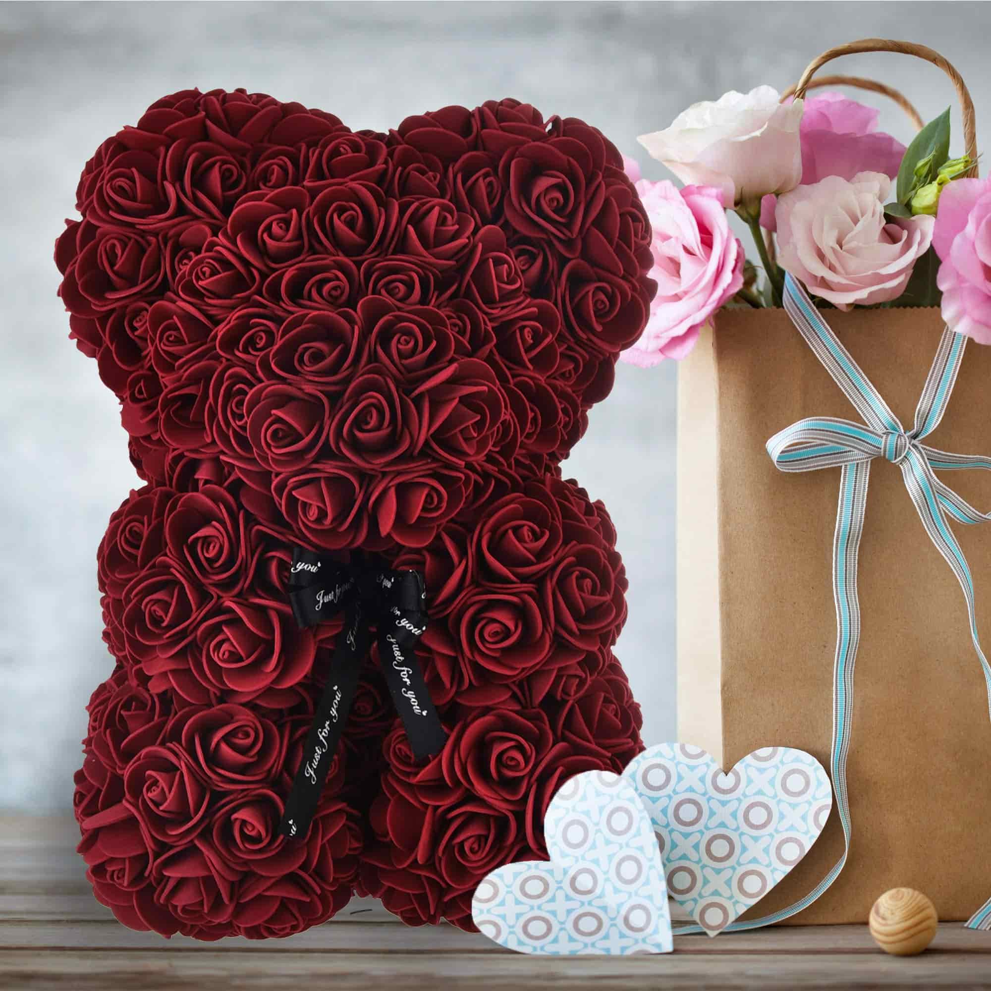 Stunning rose teddy bear encased in a luxurious gift box, perfect for showing affection and appreciation.