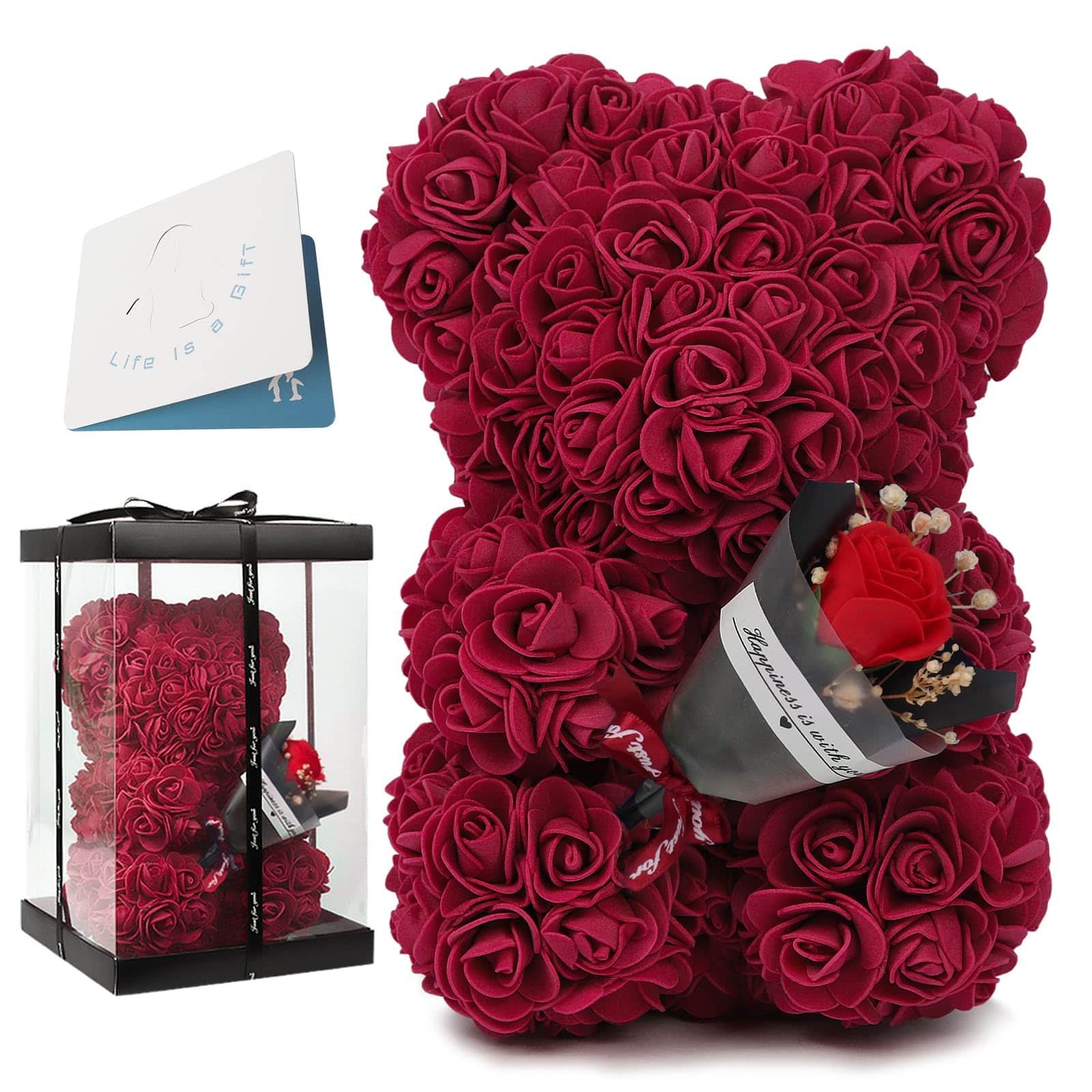 Burgundy rose teddy bear holding a bouquet, made from artificial roses, an ideal gift for romantic celebrations, weddings, or anniversaries.