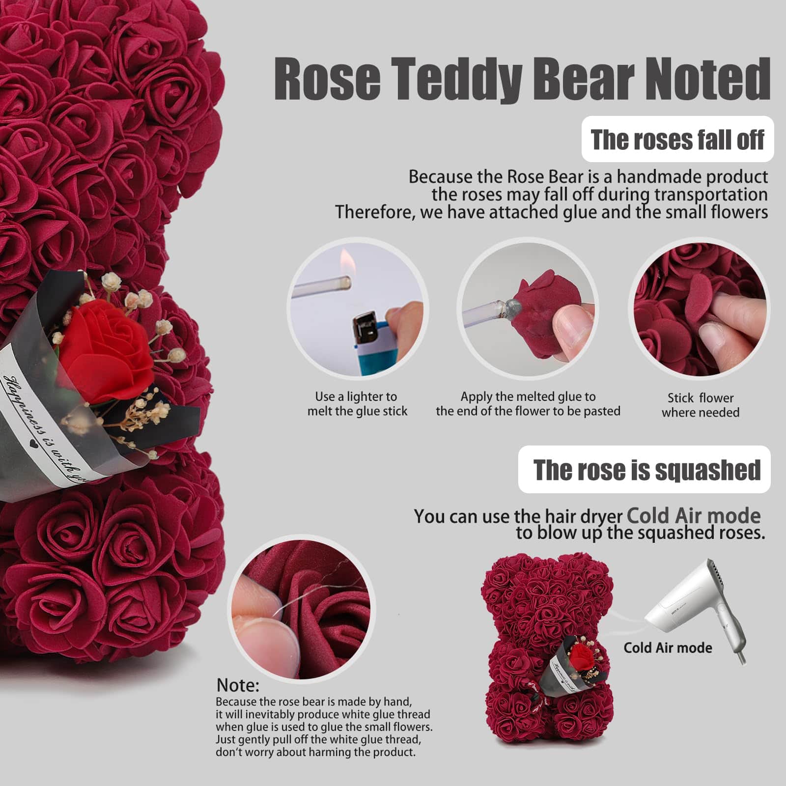 Rich burgundy rose teddy bear with bouquet, crafted from durable artificial roses, a luxurious gift for Valentine's Day, engagements, or loved ones.