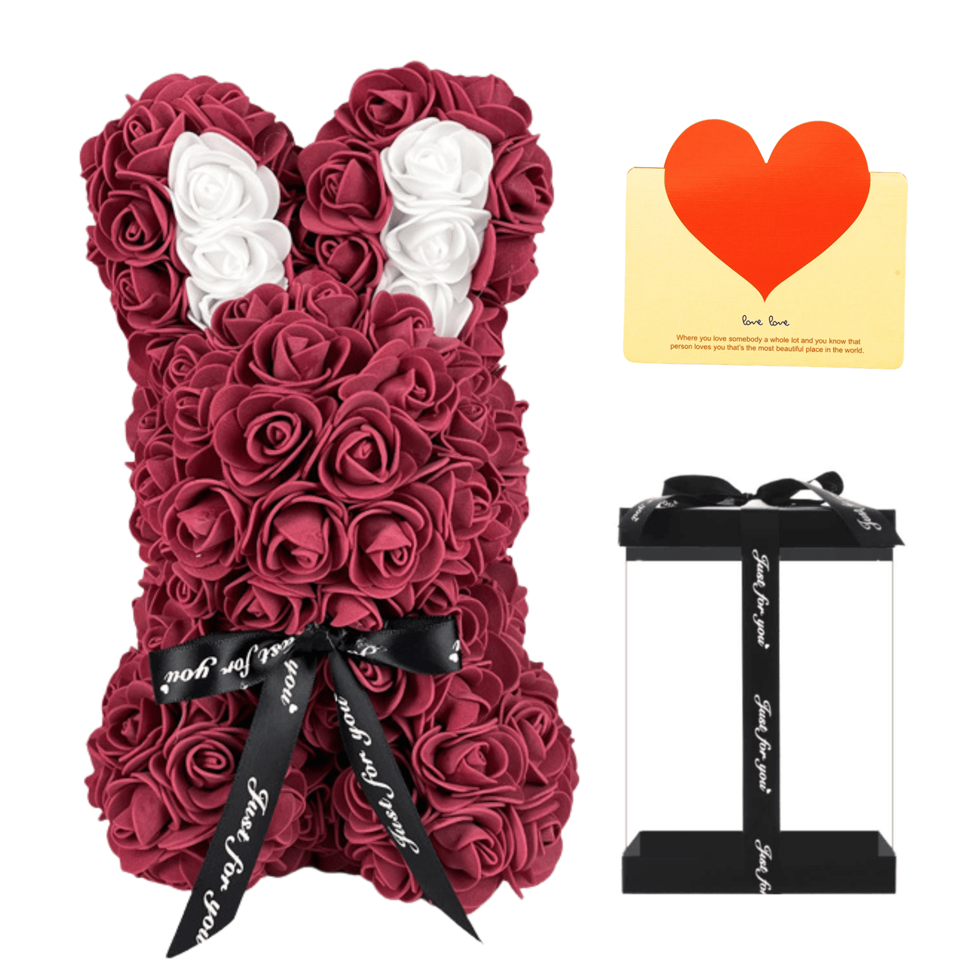 Burgundy floral bunny with roses, white accents, ribbon, and a love card, ideal for Easter, gifting to girlfriends, wives, and for anniversaries or special occasions