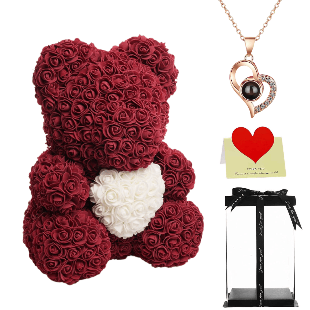 Burgundy rose bear with necklace, perfect gift for women, girlfriends, or mothers on Valentine's Day, anniversaries, or birthdays