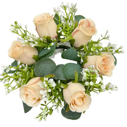 Rose-themed artificial candle ring centerpiece, perfect for festive events, romantic dinners, or daily home decor.