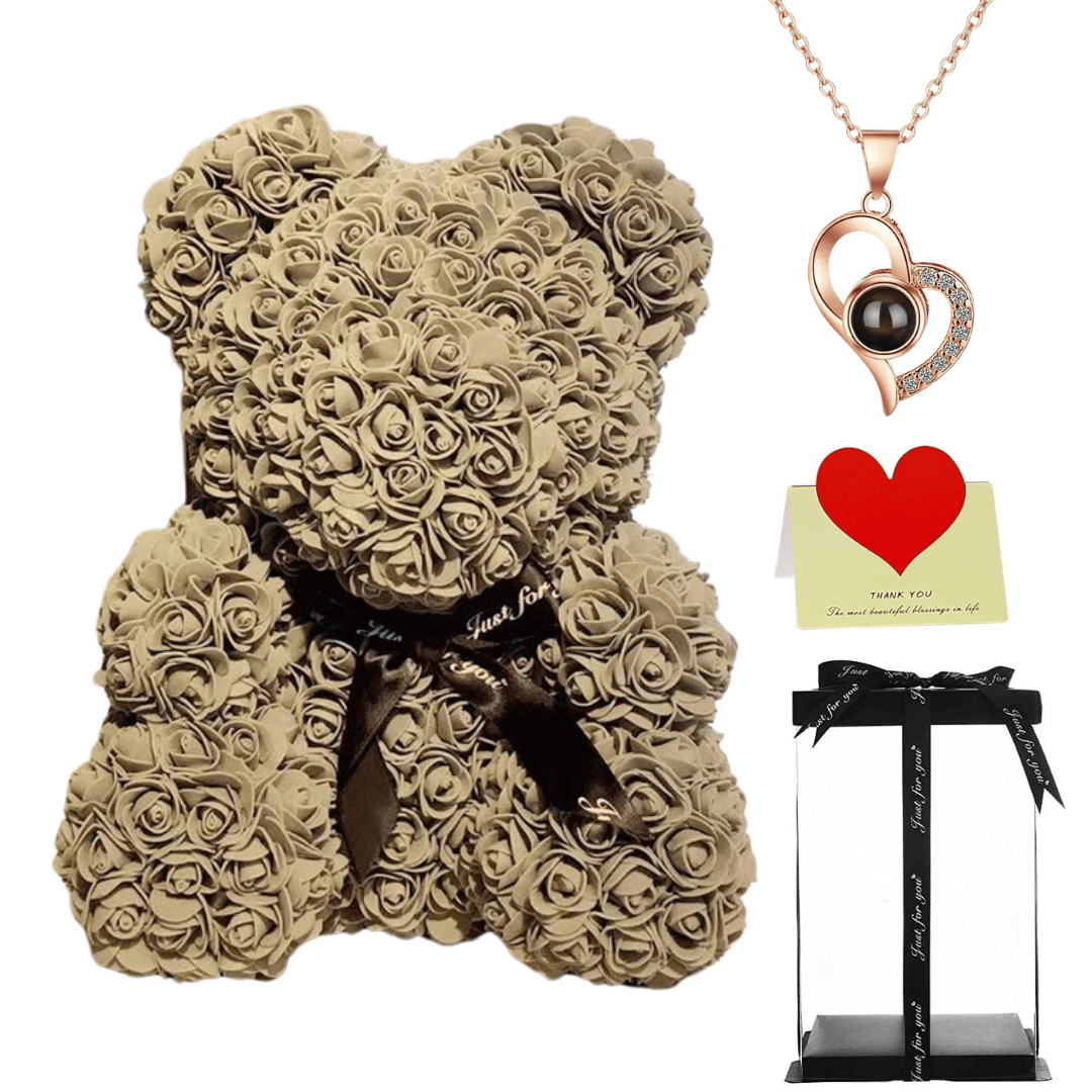 Coffee teddy bear with a black ribbon, heart necklace, thank you card, and gift box, perfect gift for her