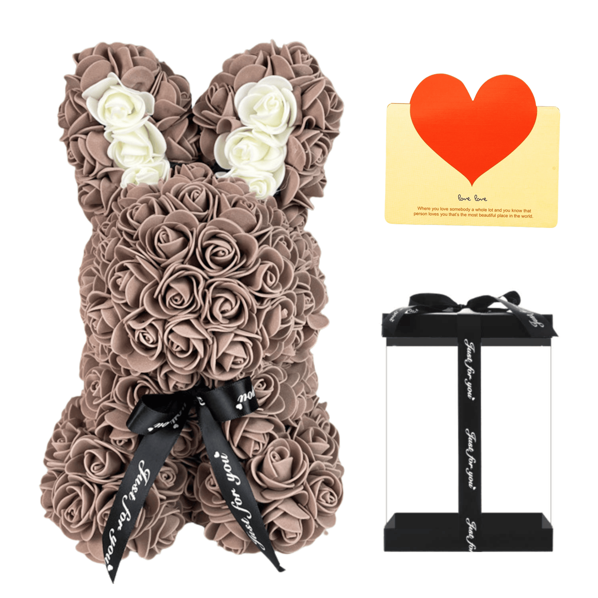 Coffee floral bunny with roses, white accents, ribbon, and a love card, ideal for Easter, gifting to girlfriends, wives, and for anniversaries or special occasions
