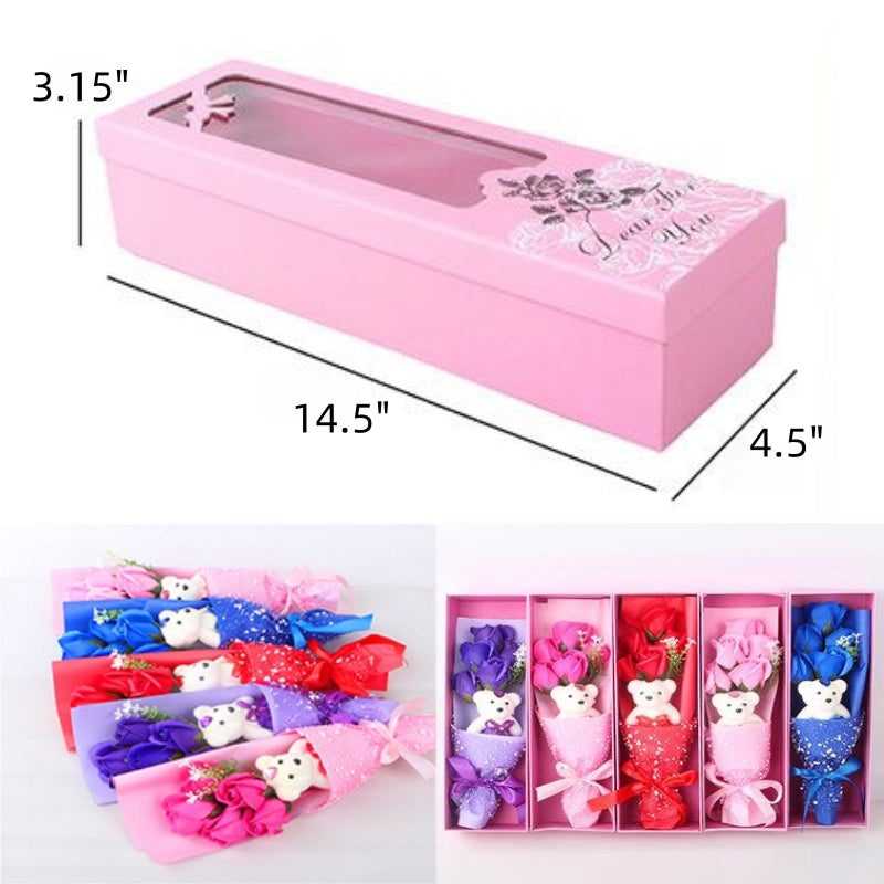 Beautifully crafted soap roses with a teddy bear, presented in an elegant box, ideal for celebrating love and friendship.