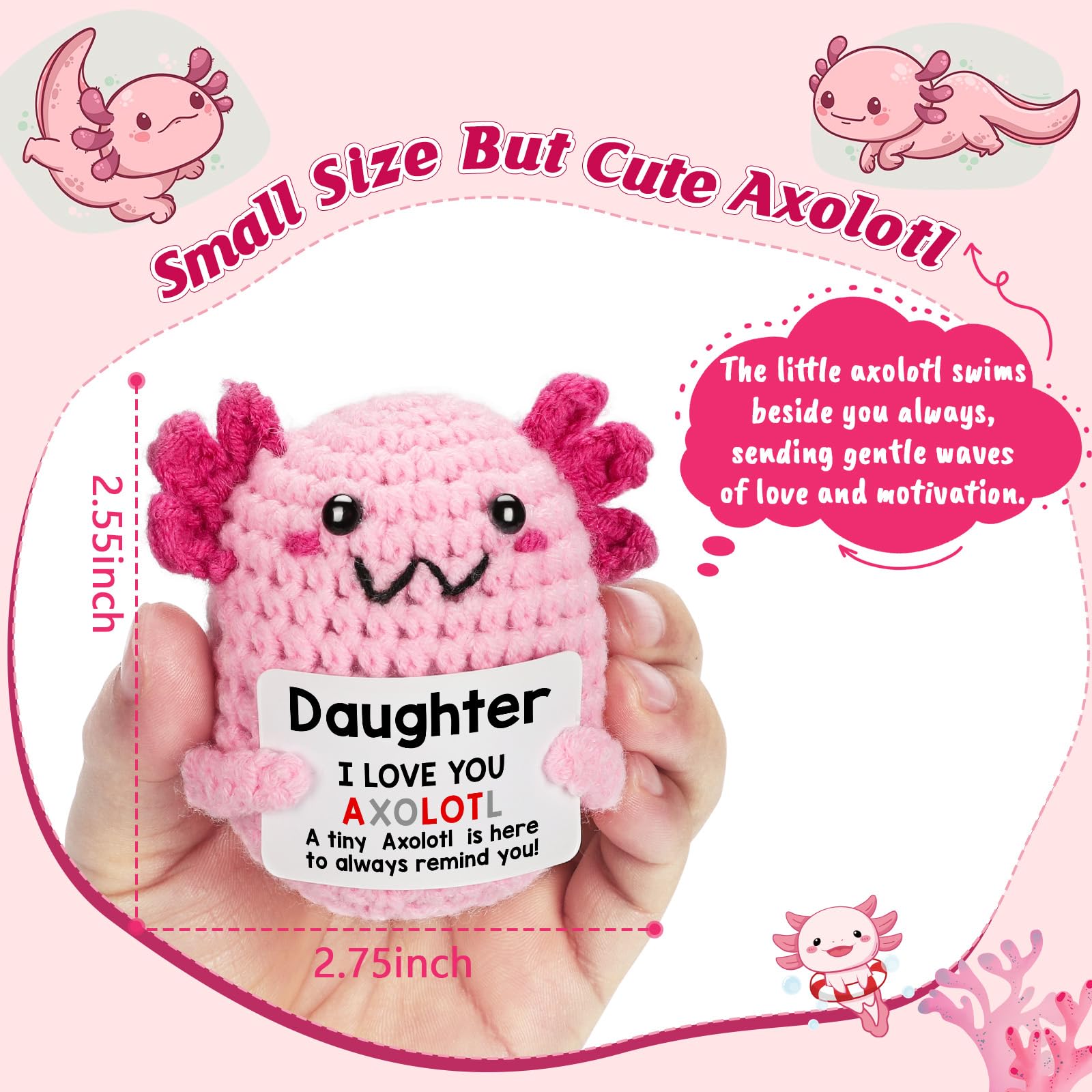 Handmade Axolotl Crochet Plush with Message Card – Cute Personalized Gift for Mom, Daughter, Sister, Grandma & Best Friend