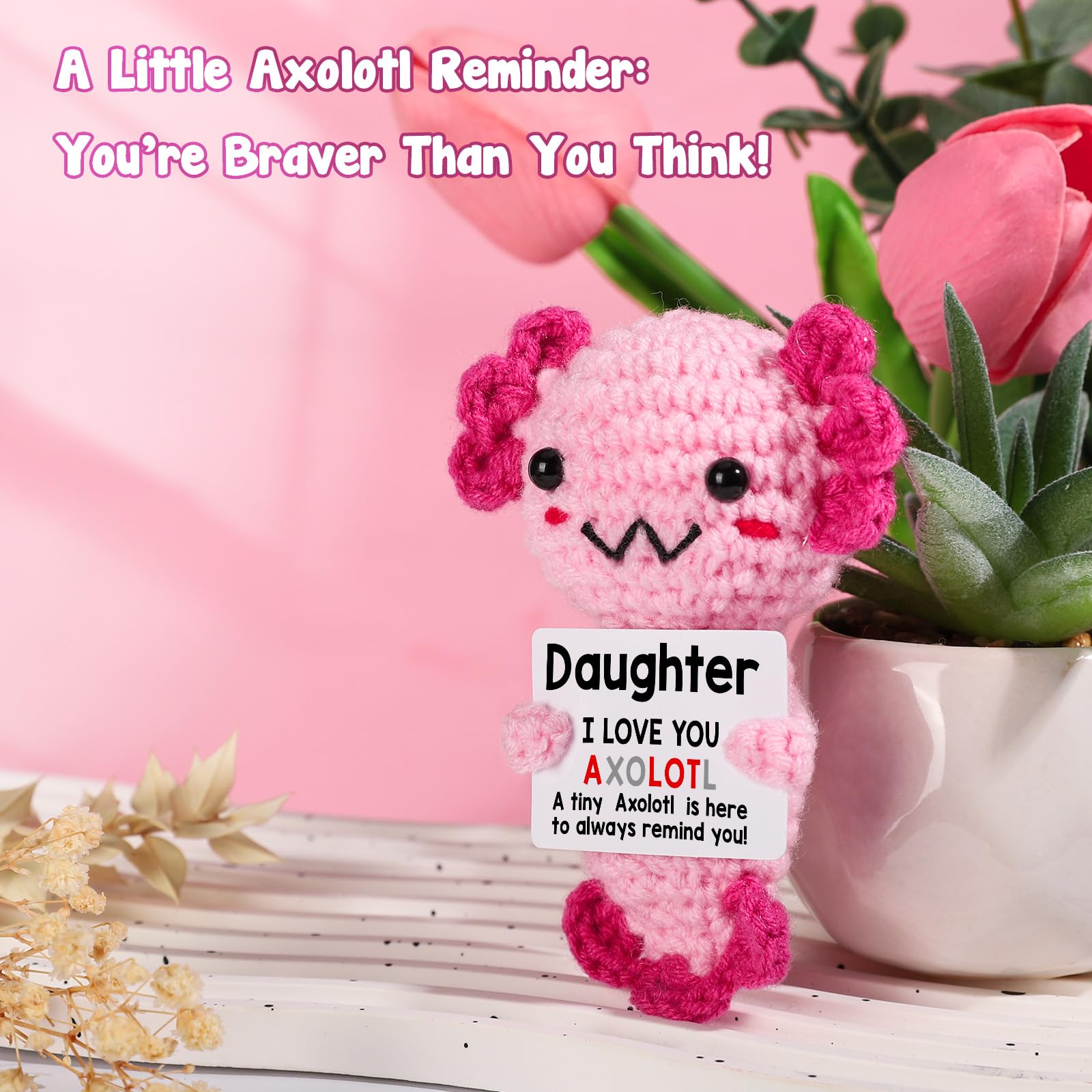 Handmade Axolotl Plush Gift with Message Card – Cute Crochet Stuffed Animal for Mom, Daughter, Sister, Grandma & More – Personalized Friendship & Family Gifts