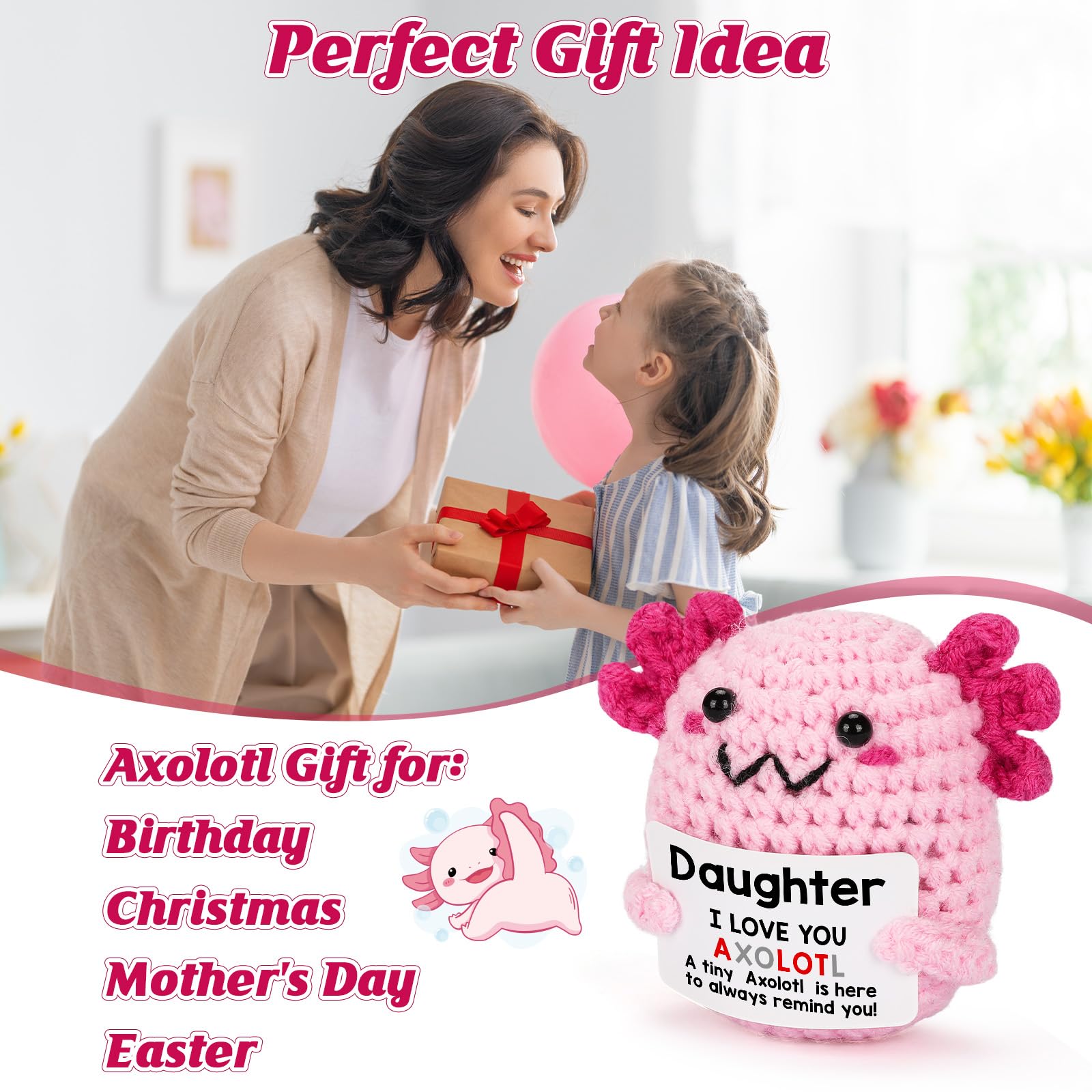 Handmade Axolotl Crochet Plush with Message Card – Cute Personalized Gift for Mom, Daughter, Sister, Grandma & Best Friend