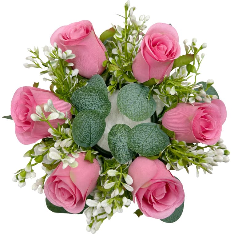 Realistic rose wreath with a candle insert, perfect for adding a decorative touch to any home or table setting.