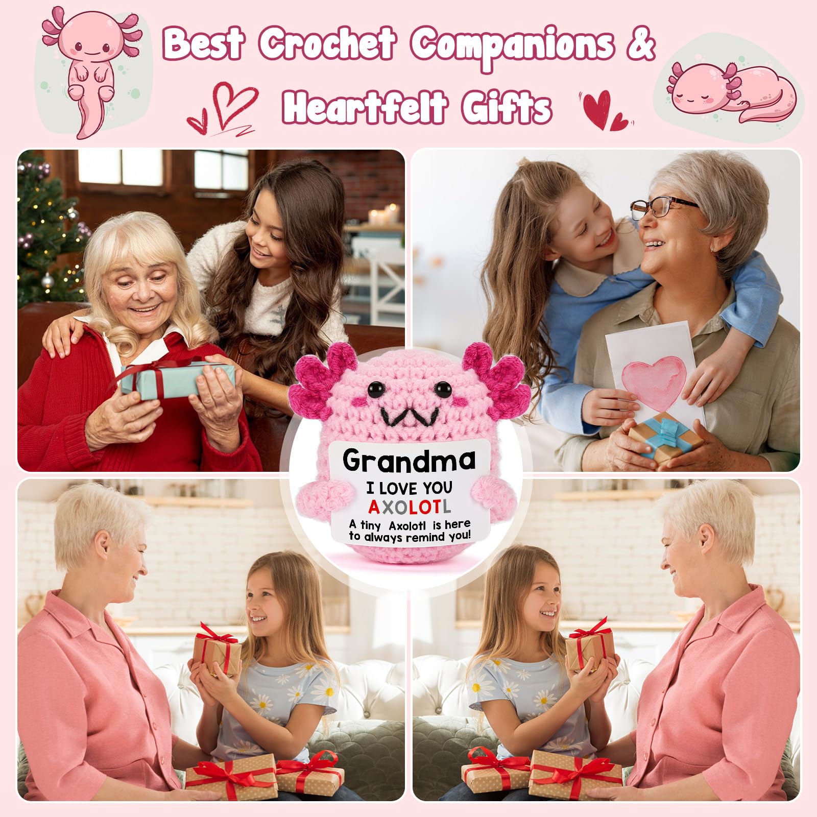 Handmade Axolotl Crochet Plush with Message Card – Cute Personalized Gift for Mom, Daughter, Sister, Grandma & Best Friend