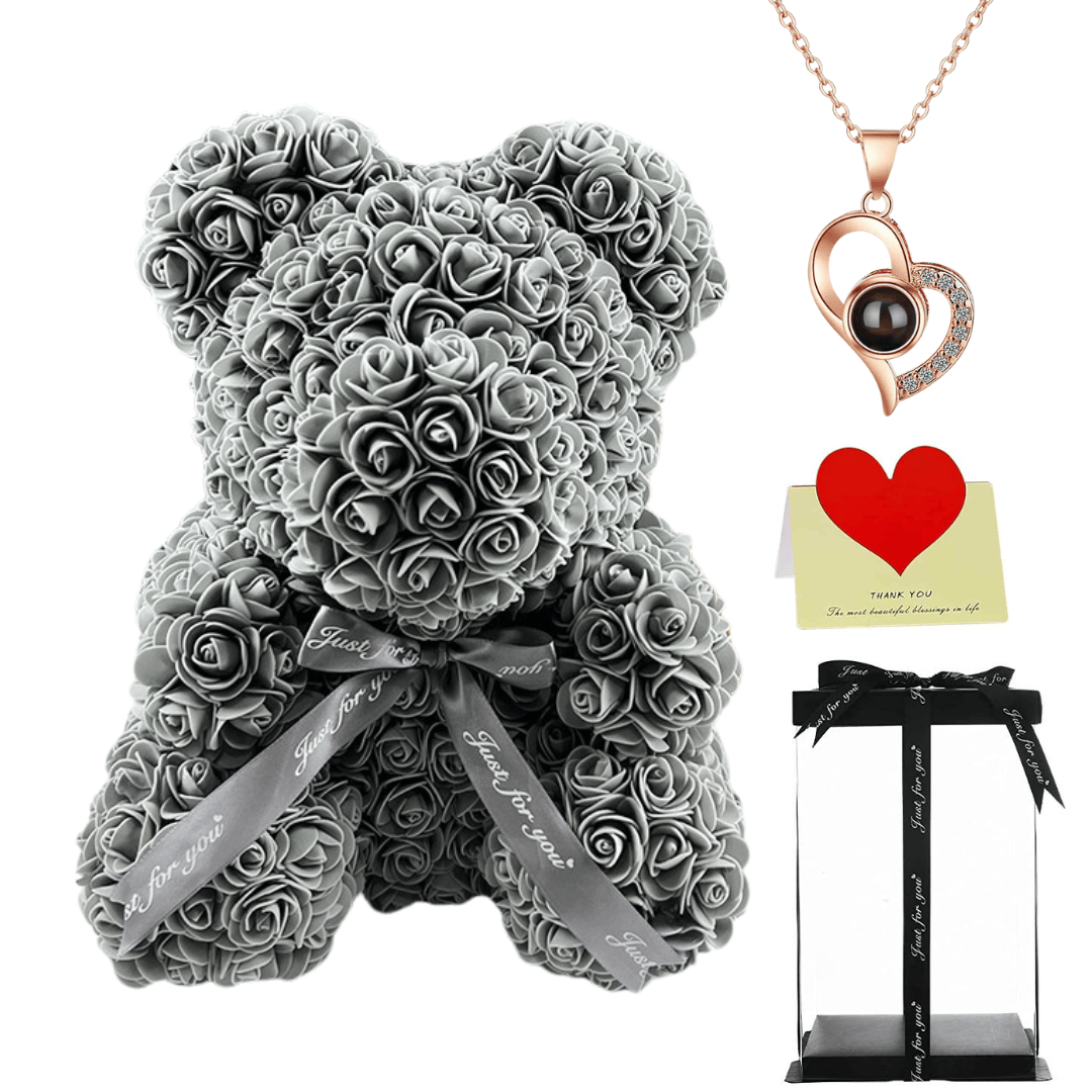 Gray rose teddy bear with a black ribbon, heart necklace, thank you card, and gift box, perfect gift for her