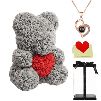 Gray rose bear with necklace, perfect gift for women, girlfriends, or mothers on Valentine's Day, anniversaries, or birthdays