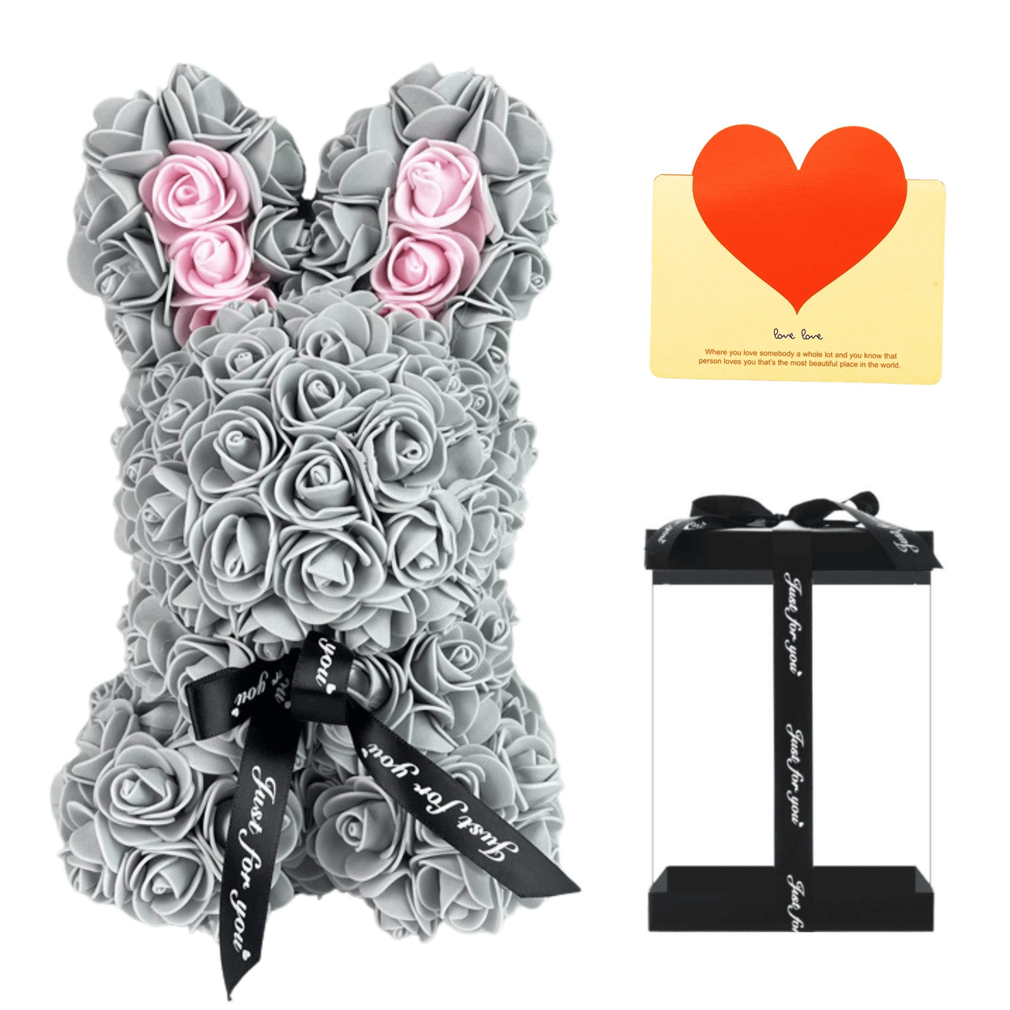 Gray floral bunny with roses, white accents, ribbon, and a love card, ideal for Easter, gifting to girlfriends, wives, and for anniversaries or special occasions
