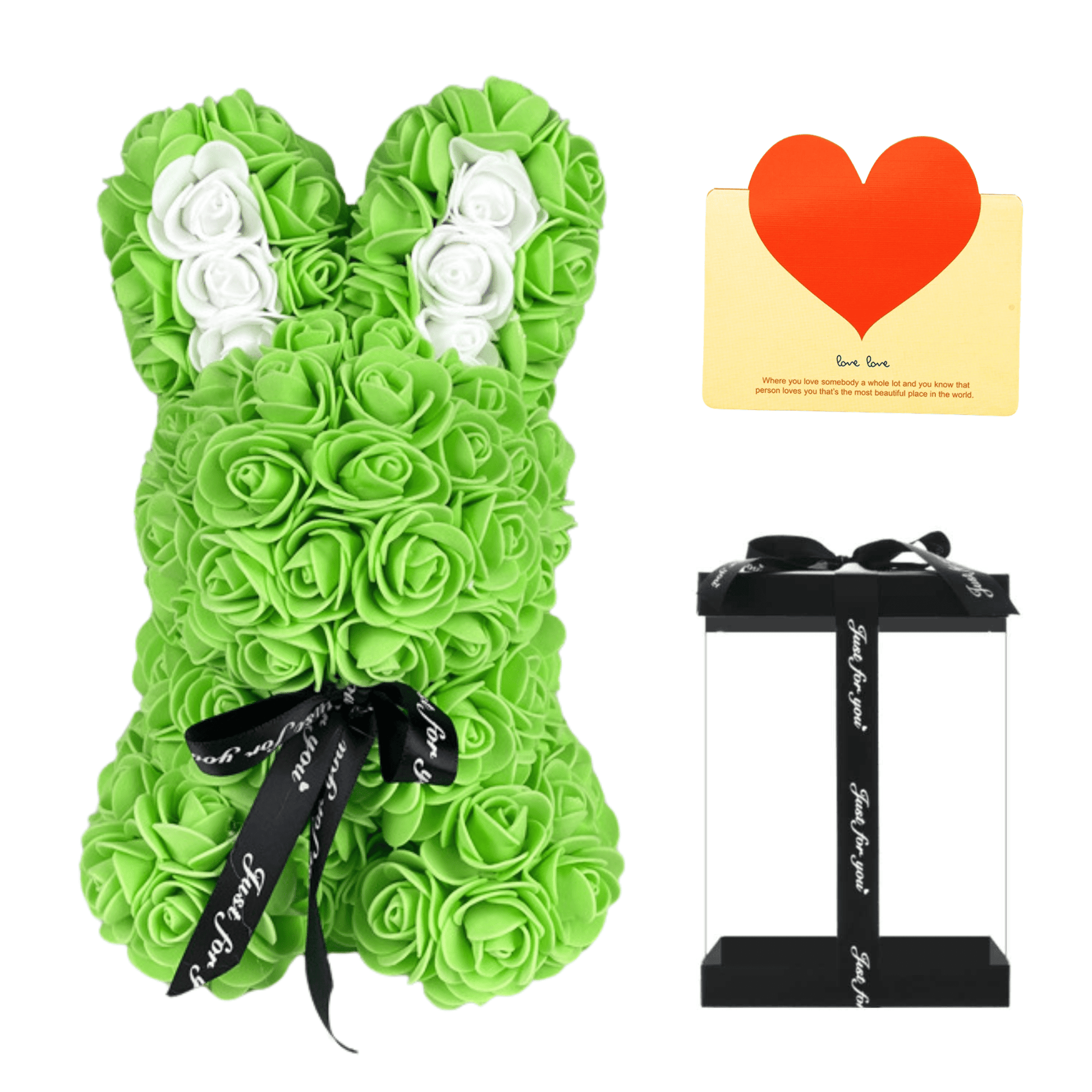 Green floral bunny with roses, white accents, ribbon, and a love card, ideal for Easter, gifting to girlfriends, wives, and for anniversaries or special occasions