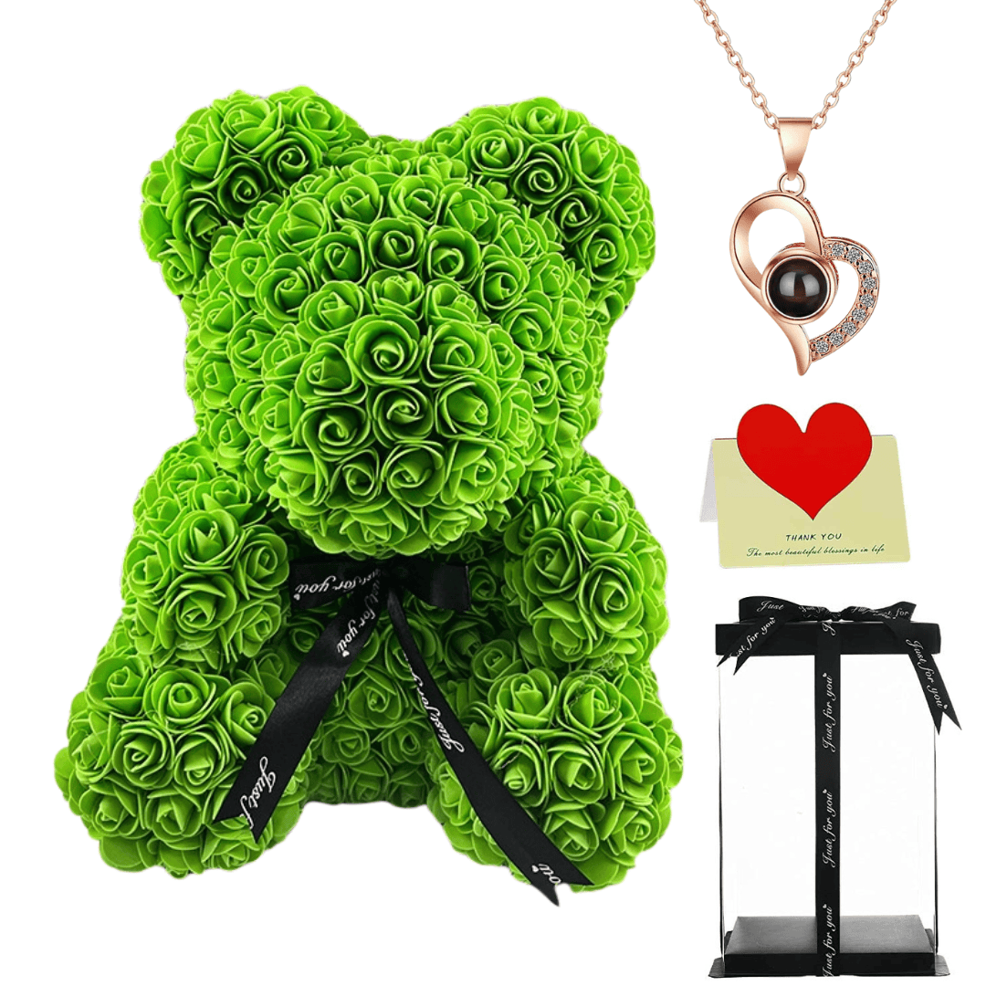 Green rose teddy bear with a black ribbon, heart necklace, thank you card, and gift box, perfect gift for her