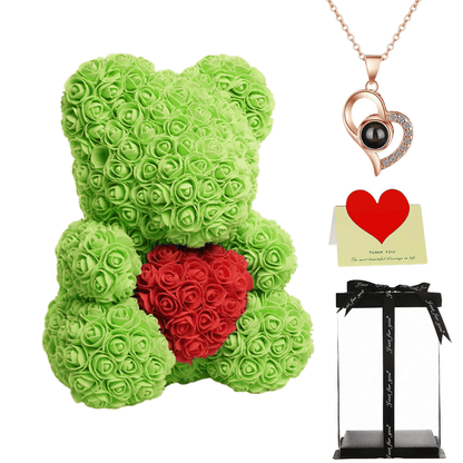 Green rose bear with necklace, perfect gift for women, girlfriends, or mothers on Valentine's Day, anniversaries, or birthdays