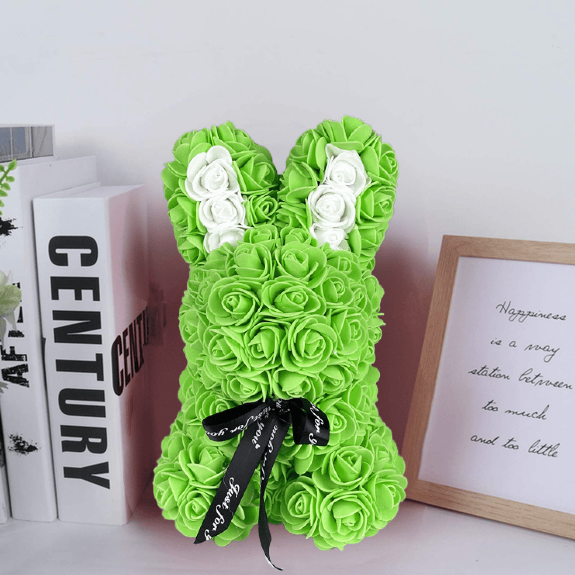 Green floral bunny with roses, white accents, ribbon, and a love card, ideal for Easter, gifting to girlfriends, wives, and for anniversaries or special occasions