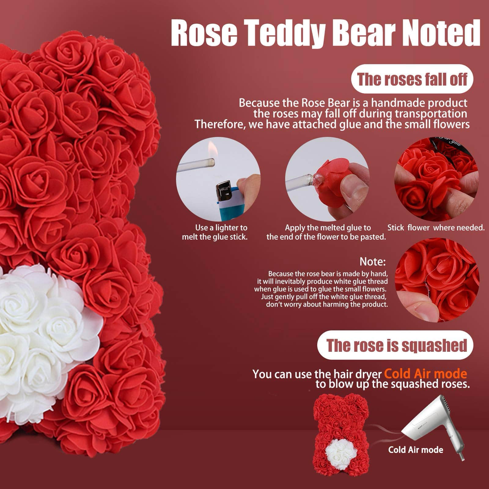 Artificial Flower rose teddy bear with heart and lights, creating a beautiful and serene ambiance.