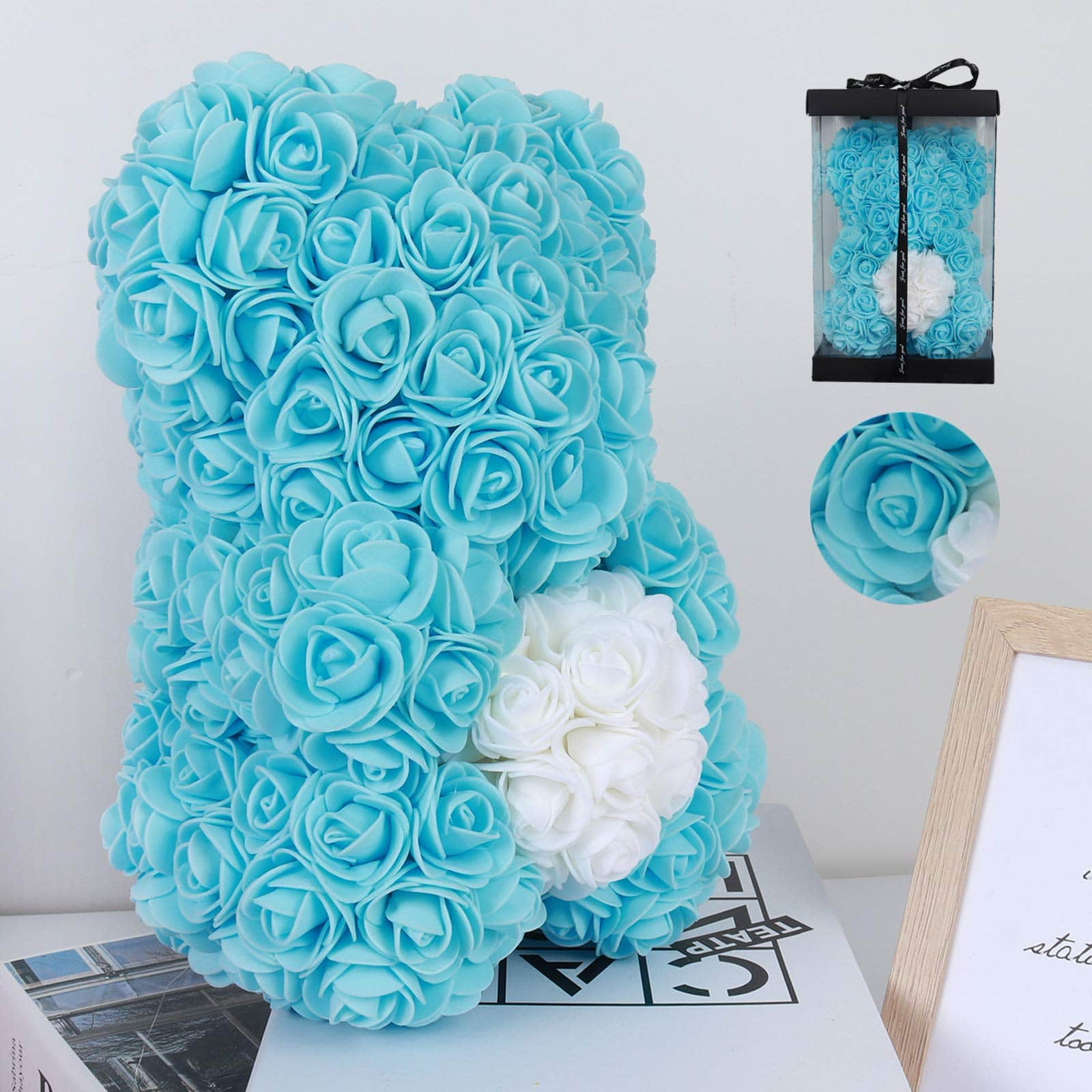 Artificial flower bear with heart and lights, a beautiful addition to any home decor.