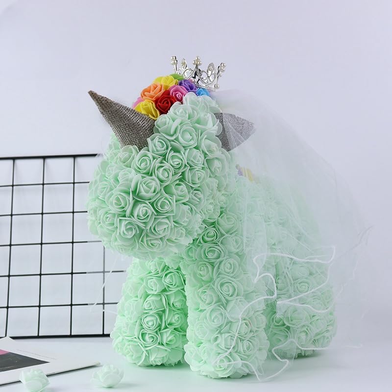Light Green rose unicorn sculpture made with artificial flowers, ideal for kids, teens, or unicorn enthusiasts, perfect for birthdays and room decor