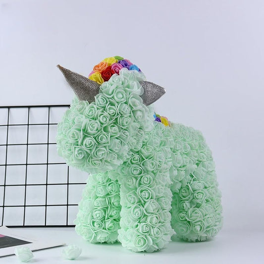 Light Green rose unicorn sculpture made with artificial flowers, ideal for children's rooms, baby showers, or as a whimsical gift for unicorn lovers