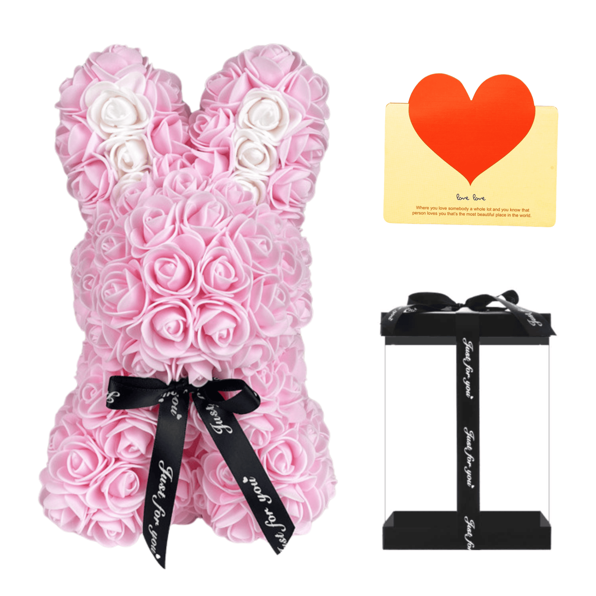 Light Pink floral bunny with roses, white accents, ribbon, and a love card, ideal for Easter, gifting to girlfriends, wives, and for anniversaries or special occasions