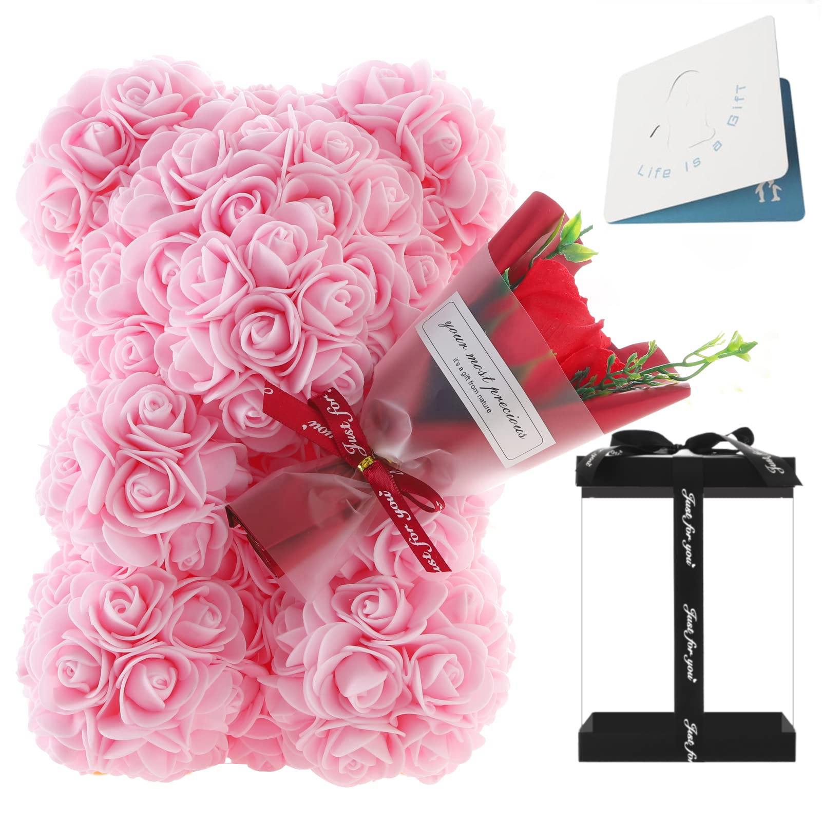 Light pink rose teddy bear holding a bouquet, a perfect gift for Valentine's Day, Mother's Day, or special occasions, made from artificial roses.