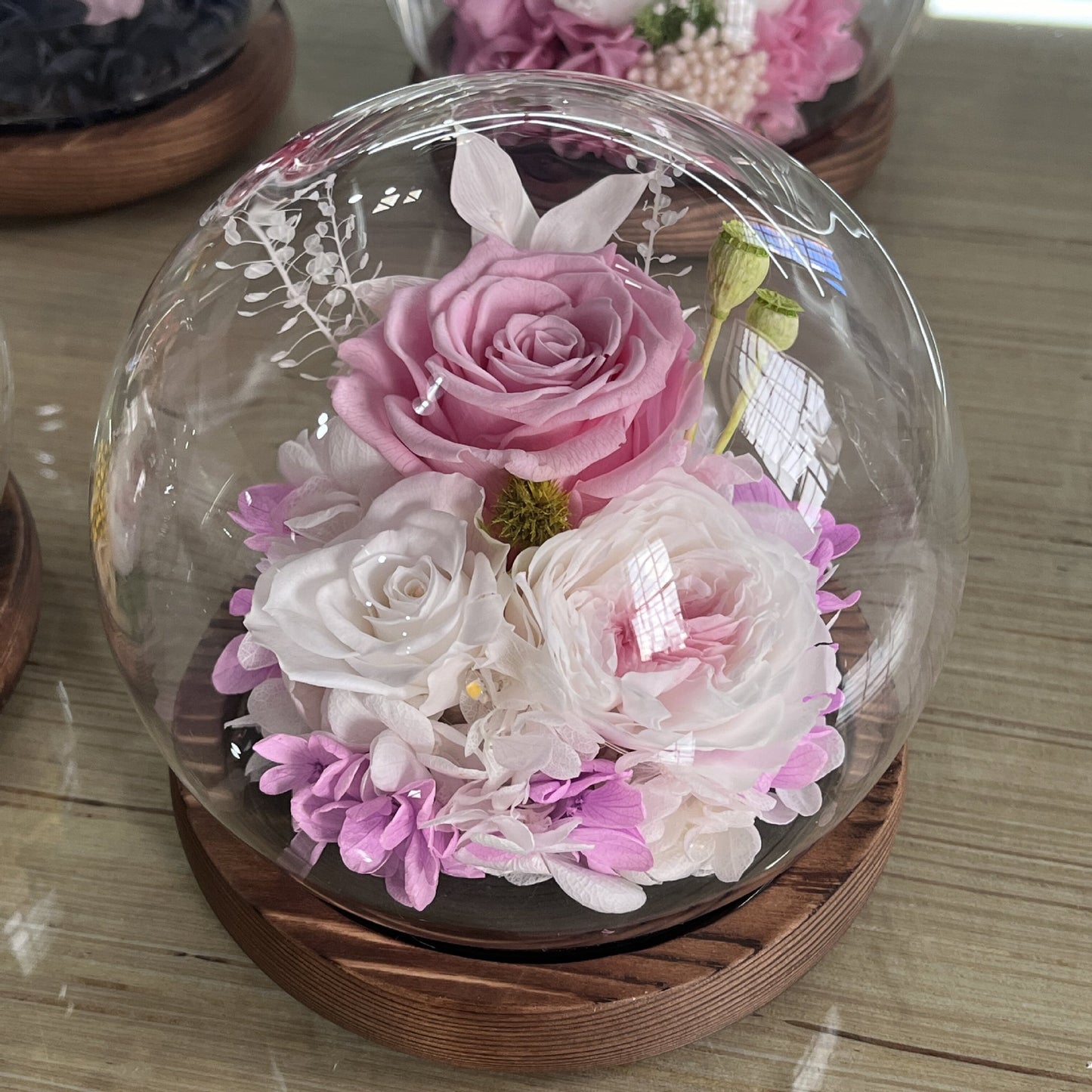 Beautiful preserved flowers in glass dome.