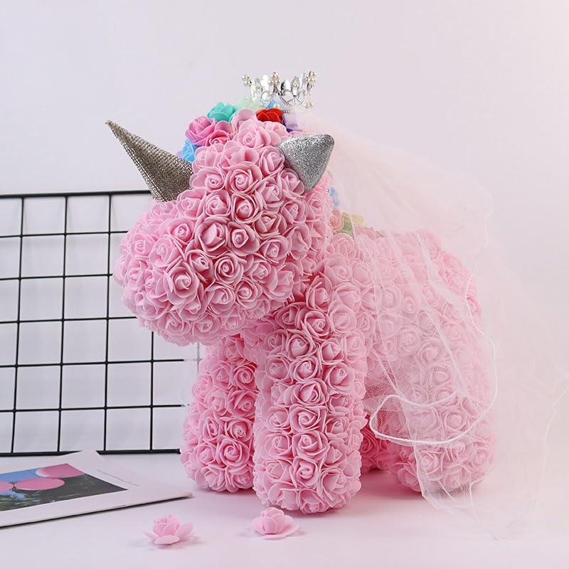 Light Pink rose unicorn sculpture made with artificial flowers, ideal for kids, teens, or unicorn enthusiasts, perfect for birthdays and room decor