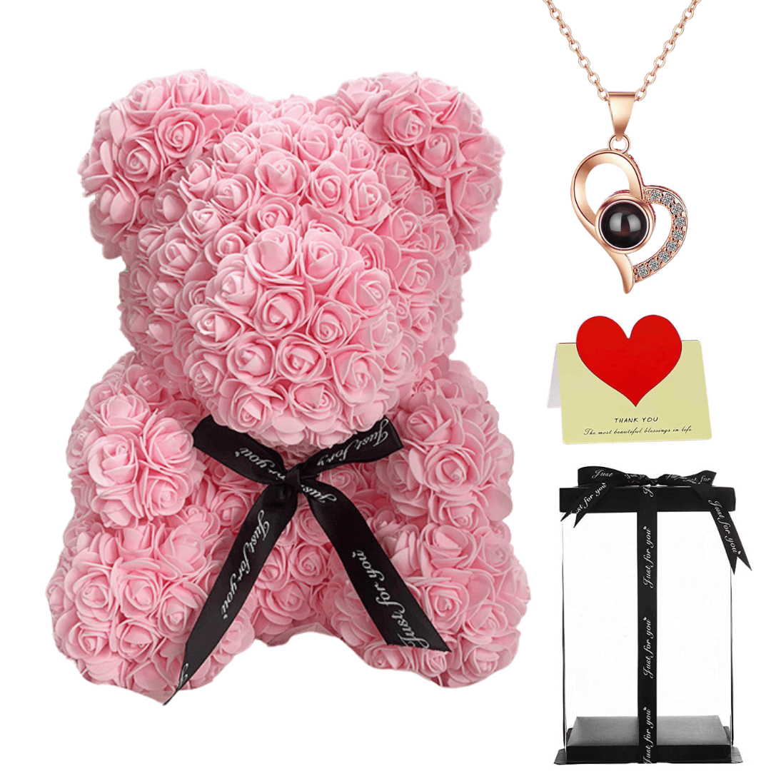 Light Pink teddy bear with a black ribbon, heart necklace, thank you card, and gift box, perfect gift for her