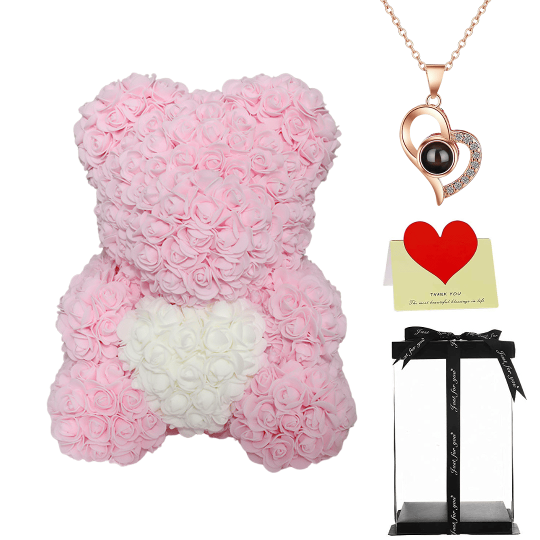 Light Pink rose bear with necklace, perfect gift for women, girlfriends, or mothers on Valentine's Day, anniversaries, or birthdays