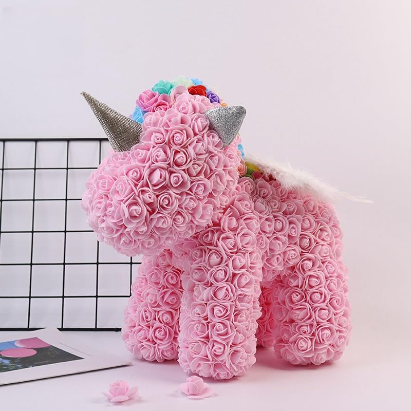 Light Pink rose unicorn sculpture made with artificial flowers, perfect for home decor, gifts, and special occasions like birthdays
