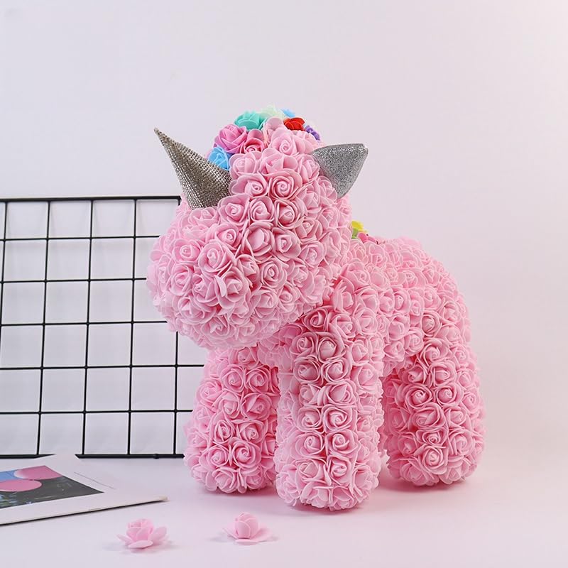 Light Pink rose unicorn sculpture made with artificial flowers, ideal for children's rooms, baby showers, or as a whimsical gift for unicorn lovers