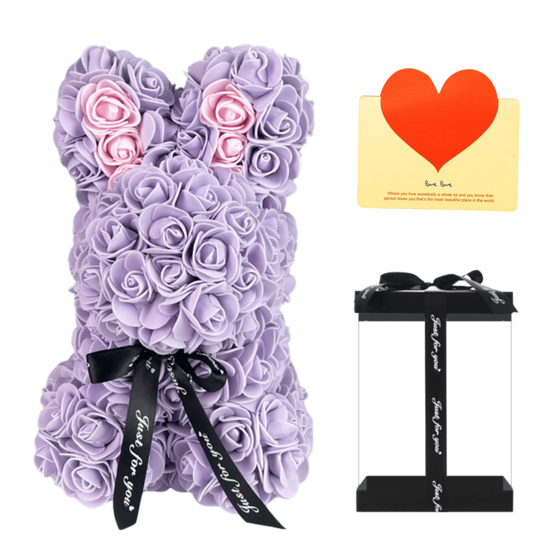 Light Purple floral bunny with roses, white accents, ribbon, and a love card, ideal for Easter, gifting to girlfriends, wives, and for anniversaries or special occasions